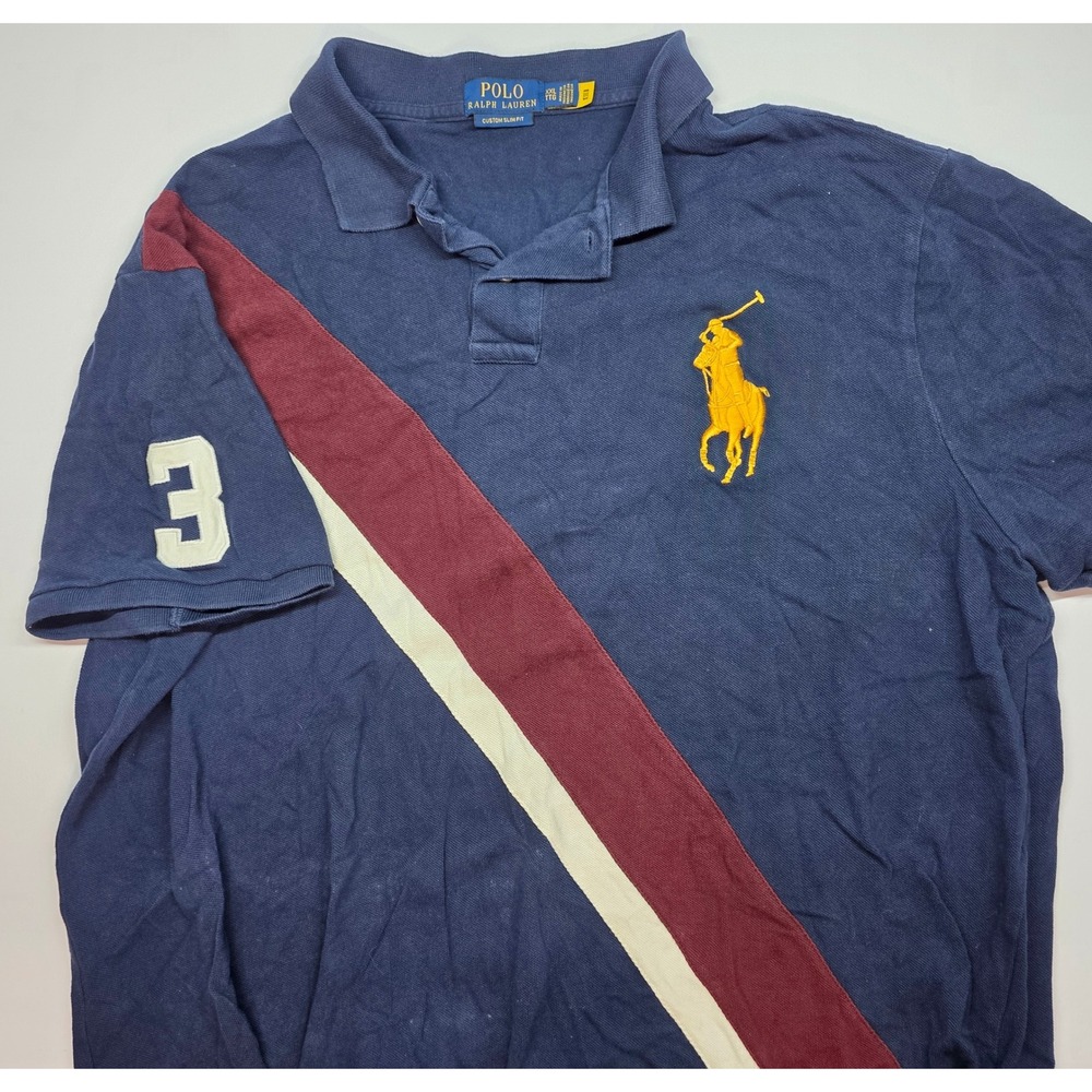 Polo Ralph Lauren Mens XXL Navy Big Pony Sash Custom Slim Fit Polo Shirt 3 Patch